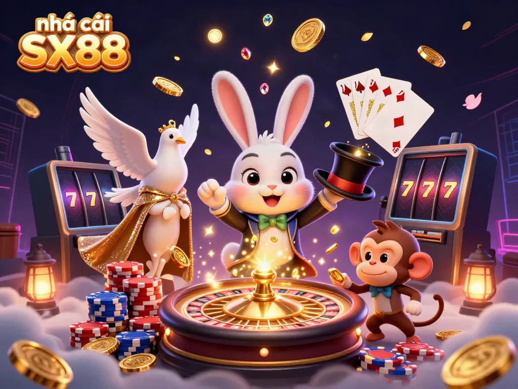Sparkling scene of nhà cái SX88 with a magician rabbit and poker action, showcasing vibrant casino elements.