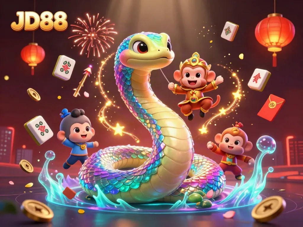 Engage with JD88's vibrant gaming adventure featuring a mystical serpent and playful characters.