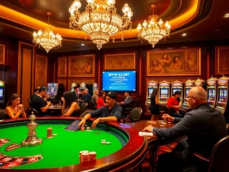 Experience high-stakes gaming at 69vn.gb.net's glamorous casino venue with roulette and vibrant slot machines.