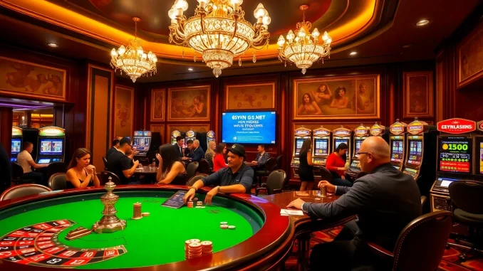 Experience high-stakes gaming at 69vn.gb.net's glamorous casino venue with roulette and vibrant slot machines.