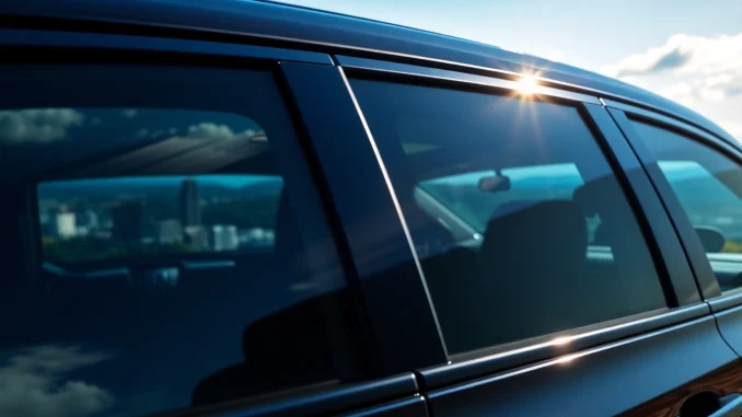 Window tint Chattanooga enhancing a stylish car in sunny Chattanooga with vibrant skyline.