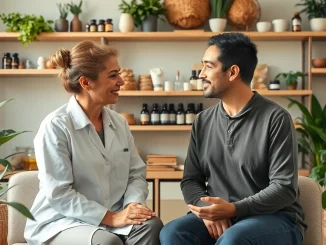 Engaging Ayurveda Consultation session between a practitioner and client in a serene, herb-filled setting.