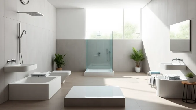 Showcasing elegant shower bases in a stylish bathroom, blending modern design with comfort.