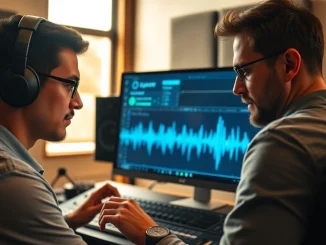 Enhance your music quality with online mastering services showcasing a sound engineer in a vibrant studio.