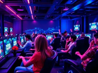 Competitive online gaming scene highlighting topgamebaidoithuong.mx with enthusiastic players immersed in card games.