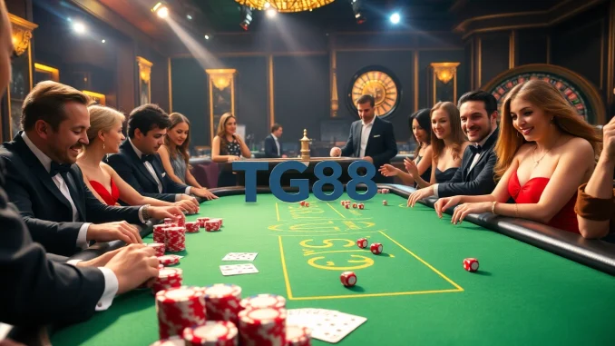 Players enjoying an exciting TG88 gaming table experience with vibrant poker chips and golden ambience.