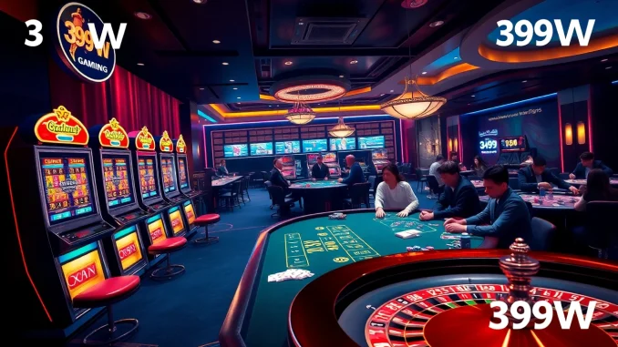 Experience the thrill of 399W with vibrant casino scenes of poker, slots, and roulette.