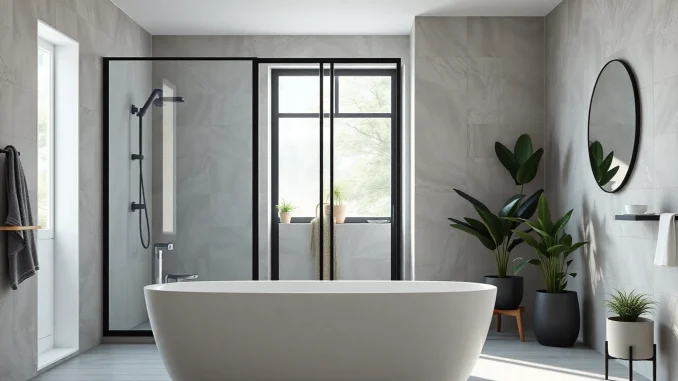 Stylish bathroom featuring black frame shower doors, modern decor, and natural light setting.