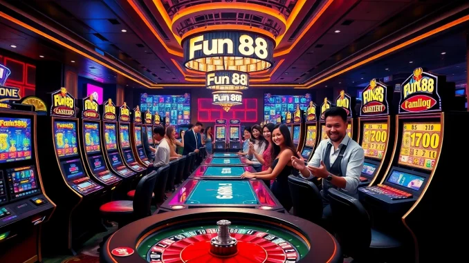 Fun88 đăng nhập - Exciting casino scene with players celebrating wins at tables and slot machines.