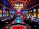 Fun88 đăng nhập - Exciting casino scene with players celebrating wins at tables and slot machines.