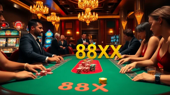 Players enjoying poker at a high-stakes table in a casino scene themed around 88xx.