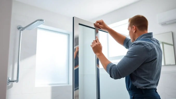 Installing a shower screen door with modern fixtures set in a stylish bathroom.
