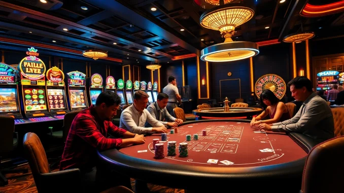 Kuwin casino scene with vibrant poker games and slot machines showcasing excitement and luxury.