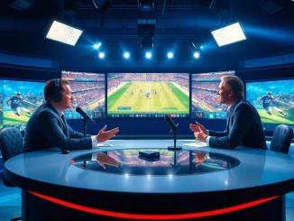 Engaging sports broadcasting scene with hosts discussing live sports events.