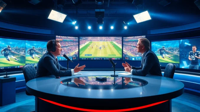 Engaging sports broadcasting scene with hosts discussing live sports events.
