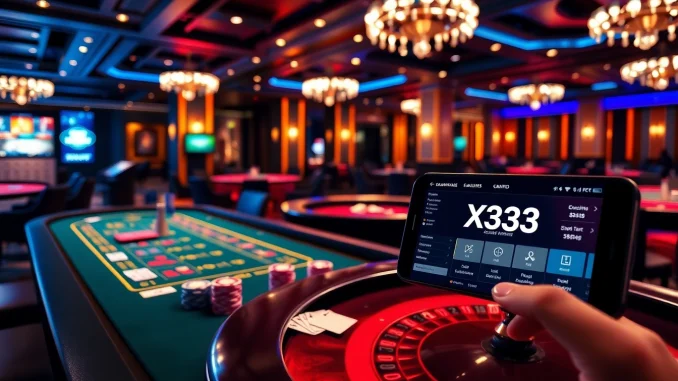 X333 platform showcasing luxury casino games and vibrant poker chips in a professional setup.