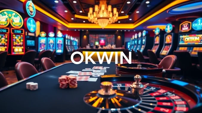 Experience thrilling gaming action at OKWIN's luxurious casino table with vibrant poker chips.