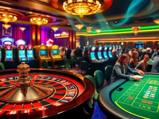 Dynamic FEBET casino scene showcasing roulette, poker tables, and vibrant slot machines.