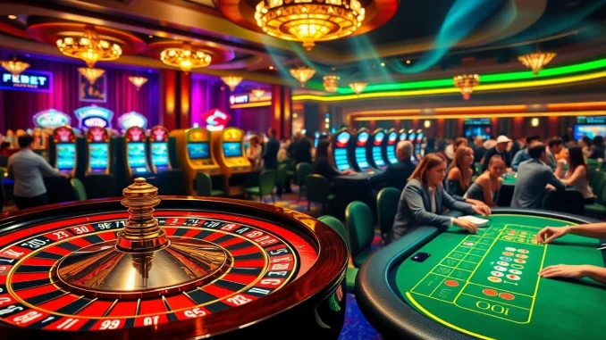 Dynamic FEBET casino scene showcasing roulette, poker tables, and vibrant slot machines.