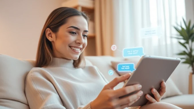 An engaging scene of a user interacting with an AI girlfriend on a digital device, highlighting innovation and connection.