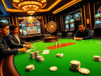 Players strategize at a B8-themed poker table amidst exciting casino visuals.