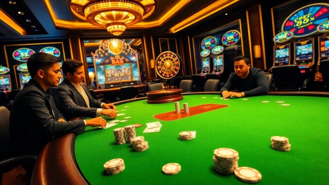 Players strategize at a B8-themed poker table amidst exciting casino visuals.