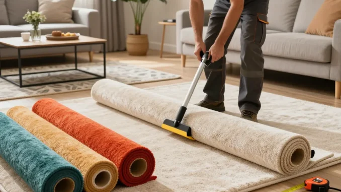 Home carpet fitting services showcasing a professional carpet installer working in a bright living room, ensuring perfect carpet placement.