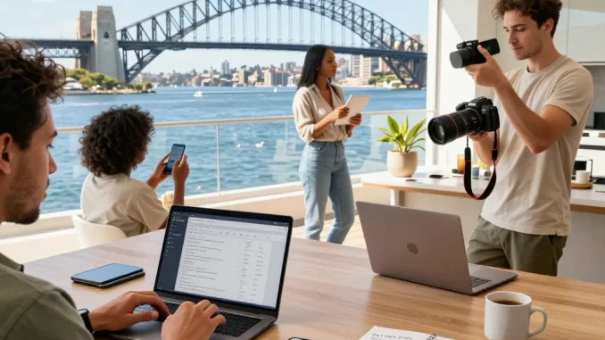 Engaging scene of airbnb management sydney with hosts optimizing rentals and reviewing bookings.