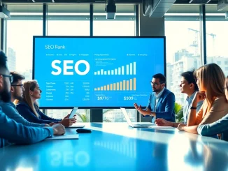 Analyze SEO Rank metrics with a dynamic team in a bright, modern office.