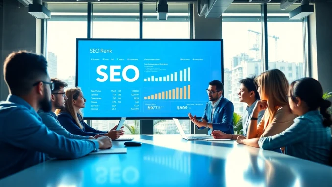 Analyze SEO Rank metrics with a dynamic team in a bright, modern office.
