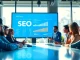 Analyze SEO Rank metrics with a dynamic team in a bright, modern office.