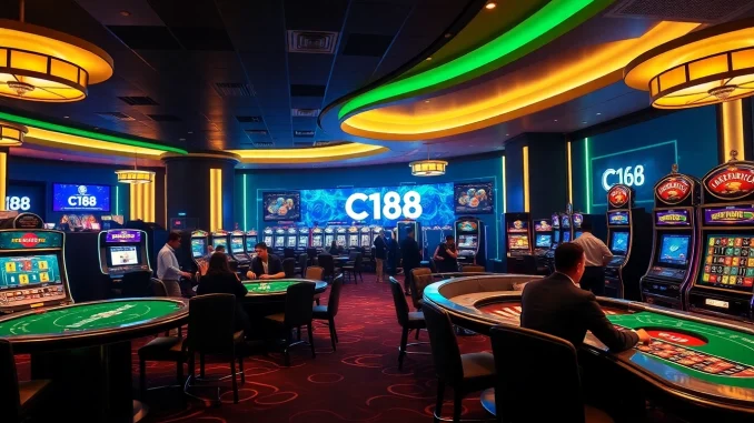 C168 offers a dynamic casino experience with poker chips and vibrant gaming tables.