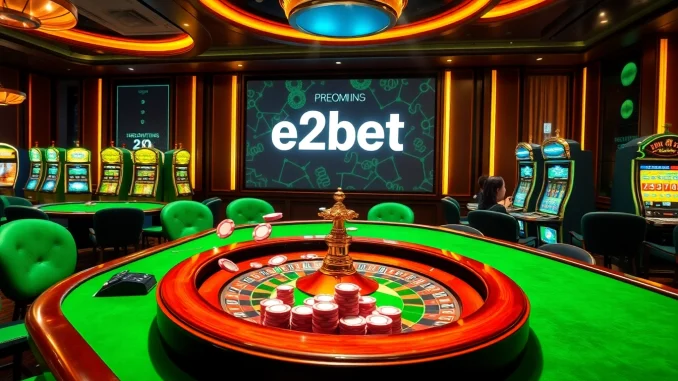 Experience the thrill of e2bet com with vibrant casino tables and excited players betting.
