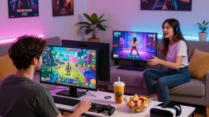 Players enjoying interactive sex games in a cozy living room, showing intense gaming and vibrant graphics.
