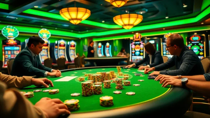 Exciting poker game at a high-stakes casino showcasing action with 7m chips and glamorous atmosphere.