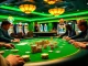 Exciting poker game at a high-stakes casino showcasing action with 7m chips and glamorous atmosphere.