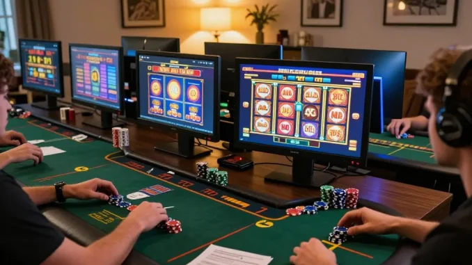 Engaging online gaming experience at UG88 casino, showcasing vibrant games on multiple screens.