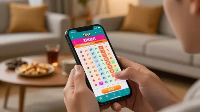 Player interacting with xổ số 9bet app displaying lottery results during an exciting home gaming session.