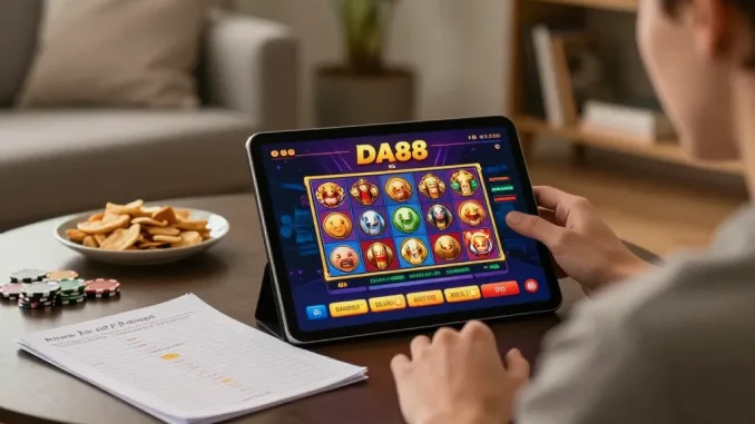 Engaging with DA88 online casino interface while enjoying a cozy gaming night at home