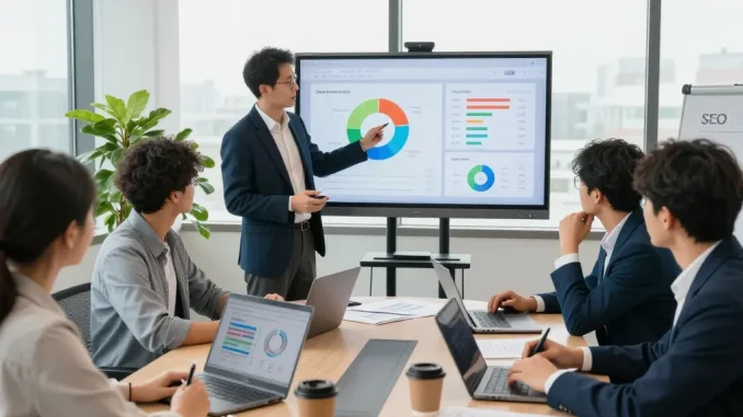 Team discussing SEO Audit strategies and metrics in a modern conference room