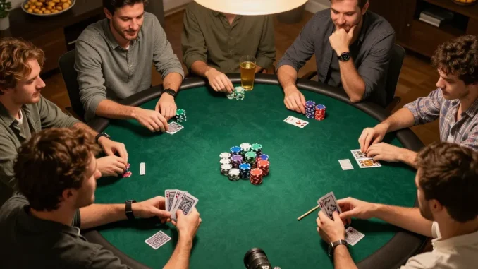 Players enjoying poker night at home, showcasing SHBET .COM gaming strategy and camaraderie.