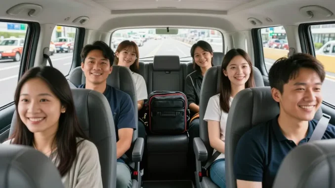 5,6,7,8 seater taxi with passengers smiling during airport transfer, showcasing comfort and convenience.