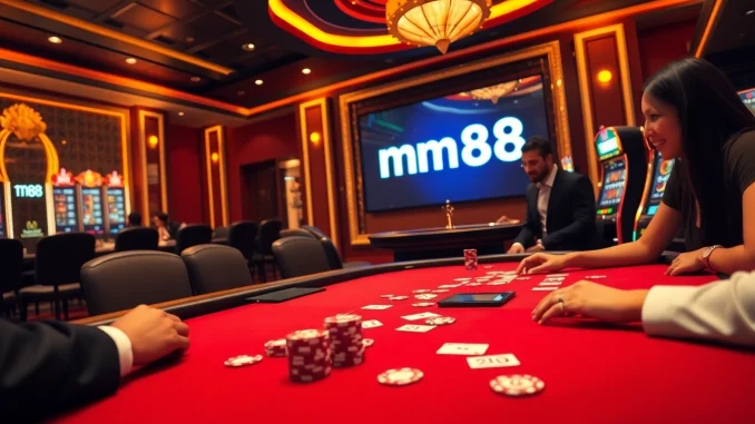An exciting casino scene with a stylish poker table and online gambling features showcasing mm88 link.