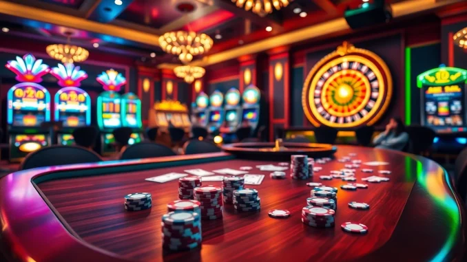 Engage in thrilling gameplay at https://lc88.bio/ with vibrant casino scene featuring poker chips and roulette wheel.