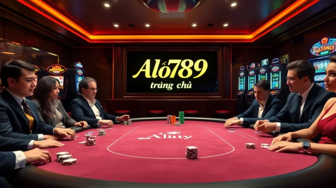 A dynamic gambling scene featuring the Alo789 trang chủ theme, showcasing a poker table with vibrant chips and cards.