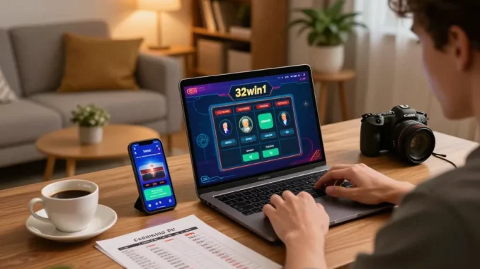 Player enjoying online casino gaming at home using the 32win1 app, illustrating a cozy and strategic environment.