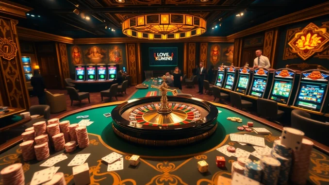 Engaging gamblers at a luxurious casino featuring kuwin02-themed tables and vibrant slot machines.