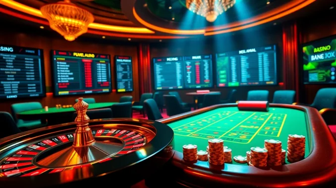 Exciting online casino scene featuring nk88 link with roulette wheel and poker chips.