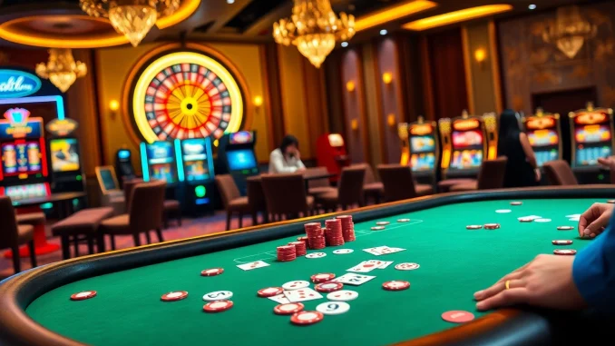 Engaging scene at a casino table with excited players showcasing the thrill of 8DAY gambling.