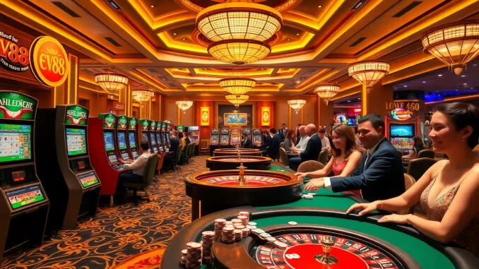 Players enjoying gaming at Nhà cái EV88 casino with vibrant tables and slot machines.